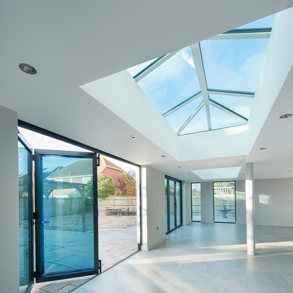 Blue tint lantern roof installed in a luxurious new build interior