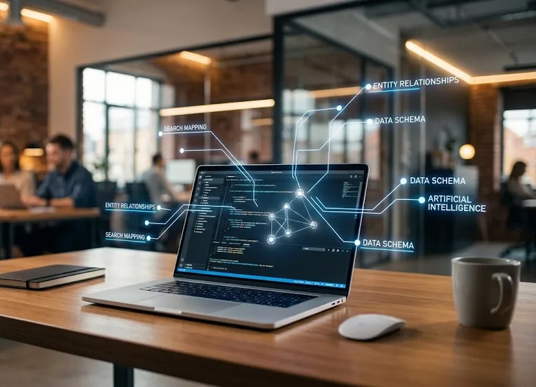 Laptop in an office overlaid with digital nodes representing JSON-LD schema, EEAT signals, and GEO optimisation.
