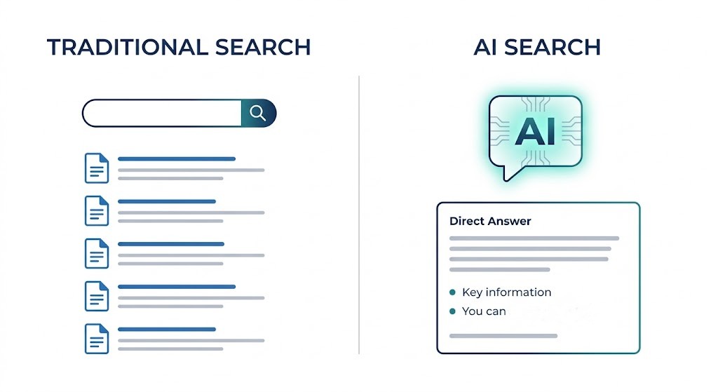 Lnet Digital diagram showing the evolution from traditional SEO links to conversational AI search optimisation.